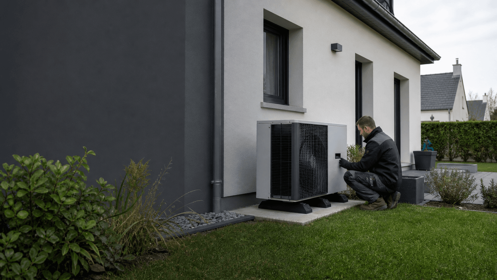 Technicien vérifiant une pompe à chaleur Air/Eau installée devant une maison